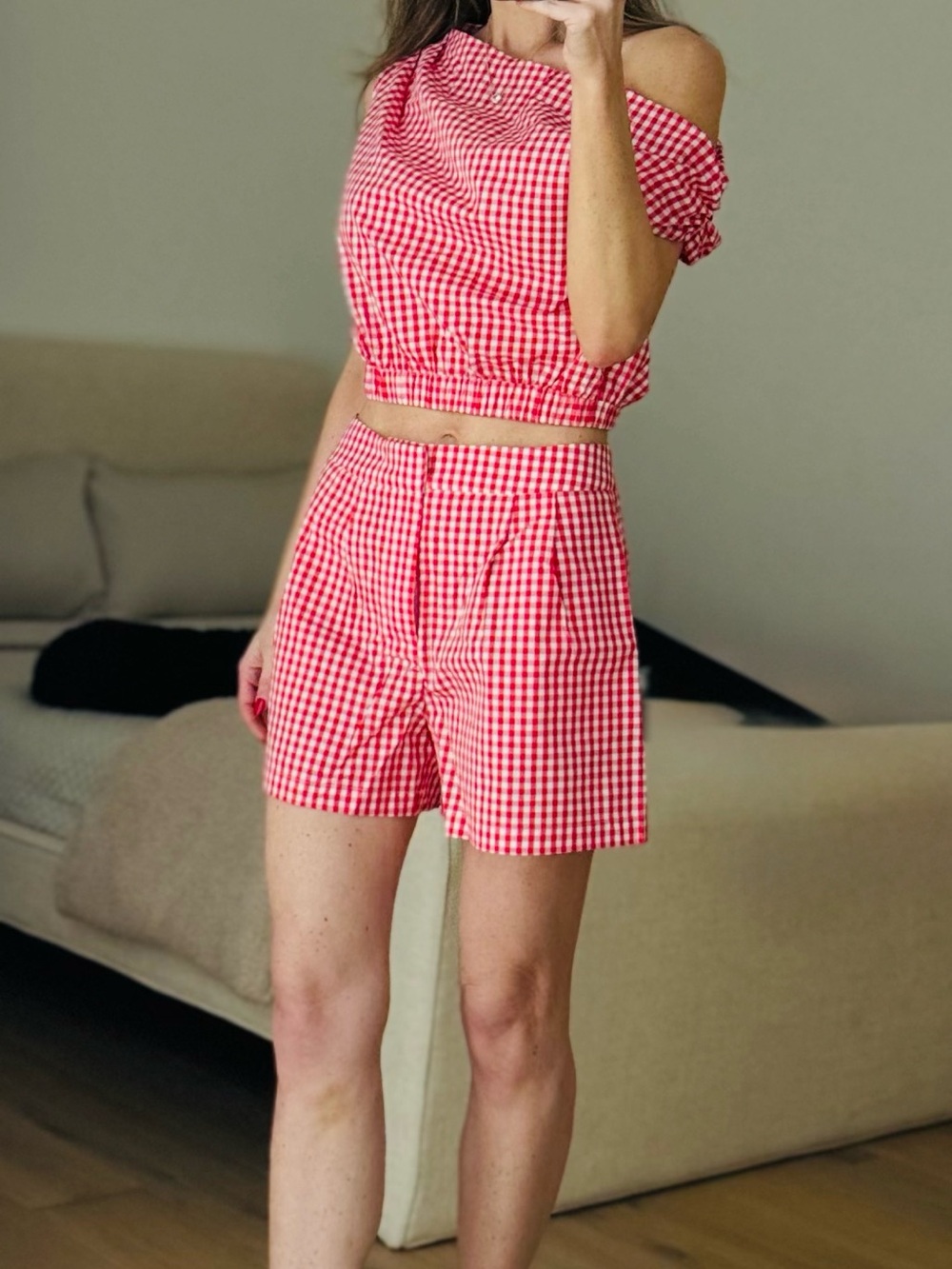 Red high waisted Bermuda short set